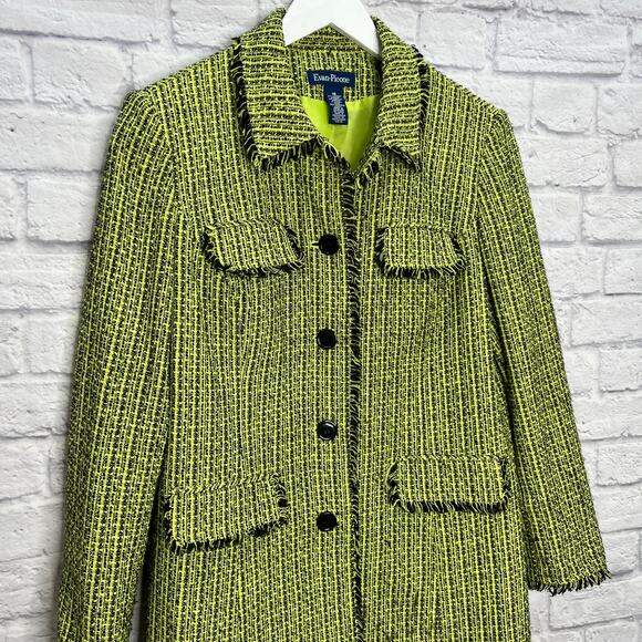 EVAN PICONE Womens Coat Lime Green/Black Raw Hem Size 16 Tweed Peacoat - Picture 2 of 5